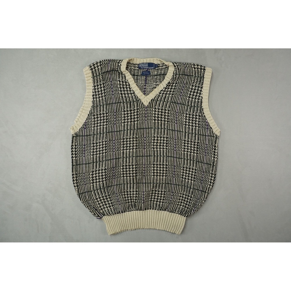 VTG Polo Ralph Lauren Mens Large V-Neck Fair Isle Knit Sweater Vest‎ Cream Silk